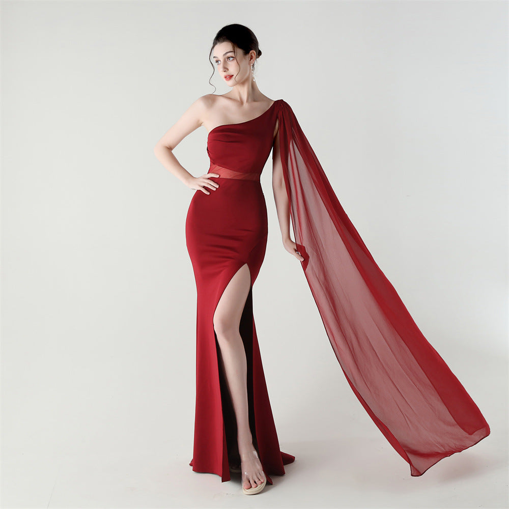 Single Shoulder Crossbody Stitching Mesh Design Satin Slim Cocktail Dress Evening Dress