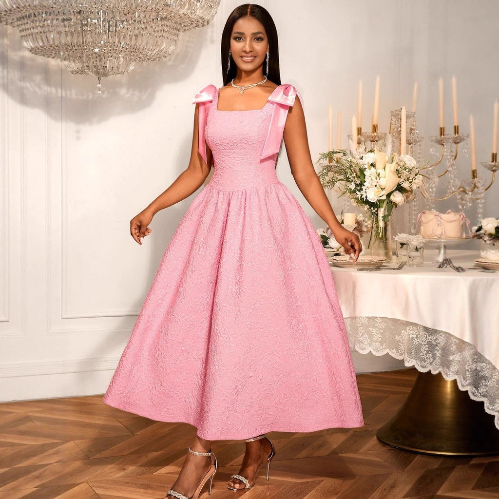 Ropa de Mujer Elegante Vestido con Lazo Jacquard Cintura Alta Vestido de Cóctel con Vuelo para Noche Vestidos de Fiesta