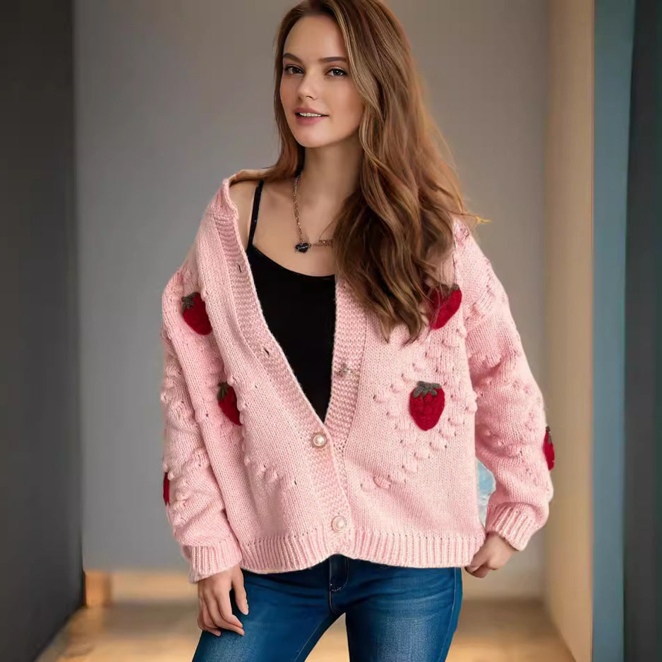 Autumn Winter Crocheted Embroidery Three Dimensional Strawberry Twist Pearl Buckle Knitted Sweater Cardigan Coat