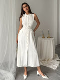 Vestido de oficina sin mangas, ceñido, con abertura, hebilla de perlas, color sólido, para verano y otoño