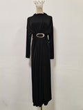 Vestido Maxi de Mujer de Otoño de Metal Retro Decorativo con Media Cintura Ceñida de Cuello Alto y Cintura Alta