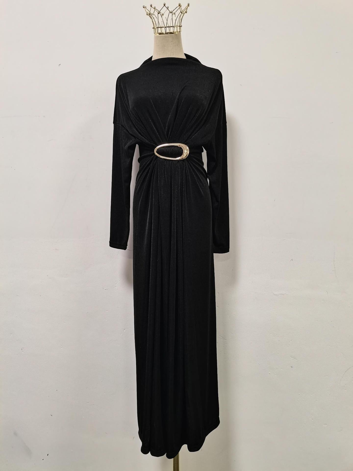 Vestido Maxi de Mujer de Otoño de Metal Retro Decorativo con Media Cintura Ceñida de Cuello Alto y Cintura Alta