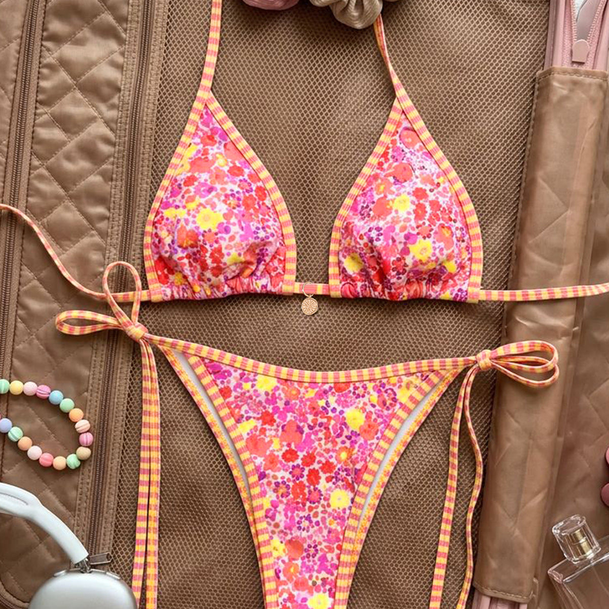 Traje de baño bikini sexy con estampado triangular, tiras finas y abertura, para mujer