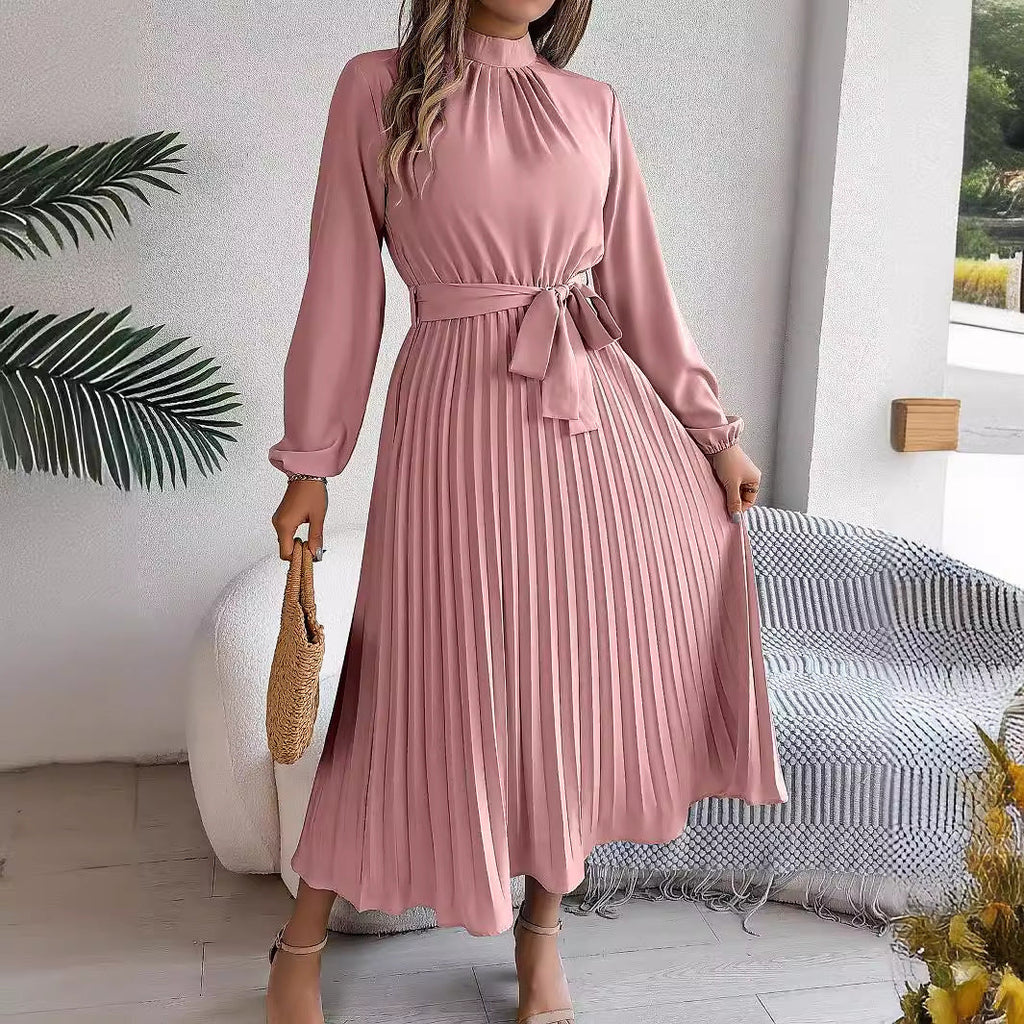 Vestido largo plisado fruncido con cuello alto y manga larga, elegante, otoño-invierno, vestido pequeño, ropa de mujer