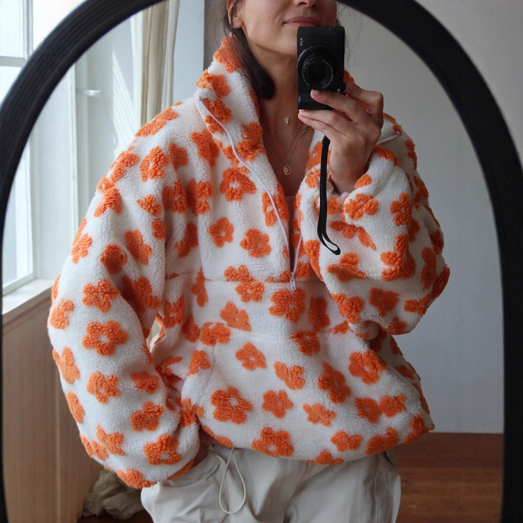 Women Polar Fleece Floral Autumn Winter Sweater Warm Furry Fleece Pullover
