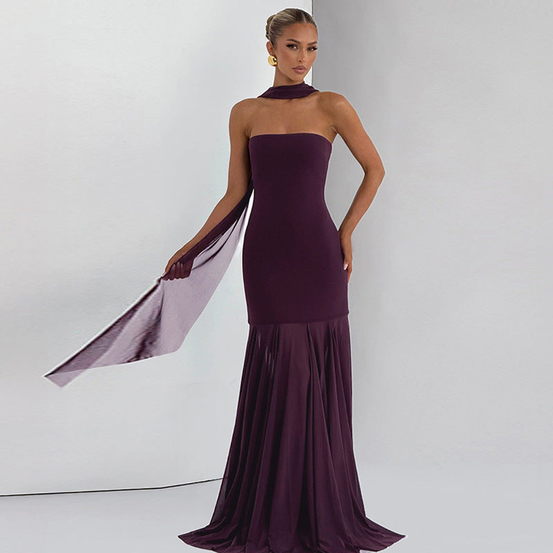 Vestido largo de noche para mujer, otoño-invierno, sexy, con costura de malla y top tubo