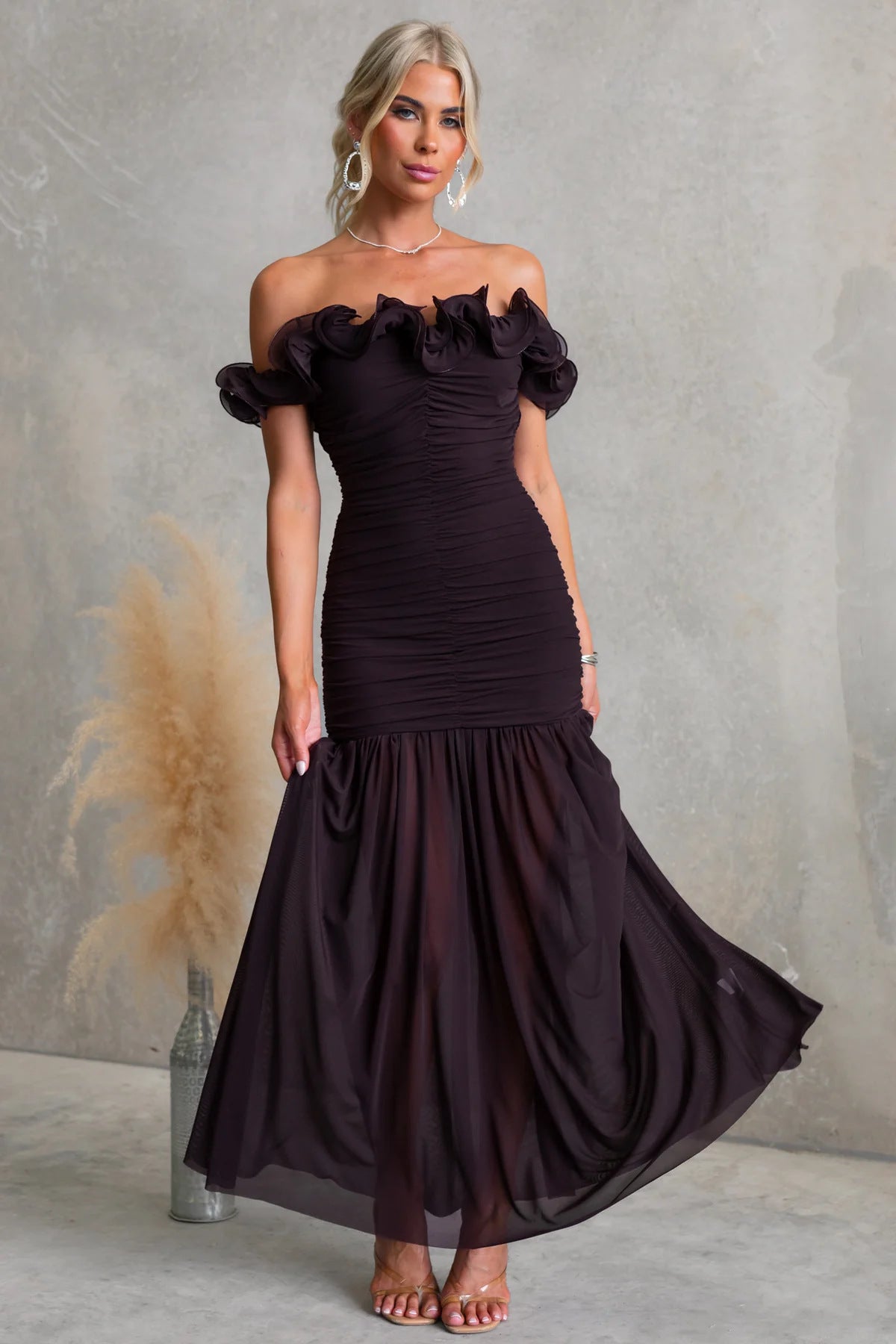 Vestido sin hombros de malla de color sólido, corte ajustado, sexy, de primavera-verano para vacaciones