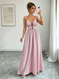 Vestido maxi largo casual sin mangas con cuello halter, cintura ajustada y rayas a juego de colores
