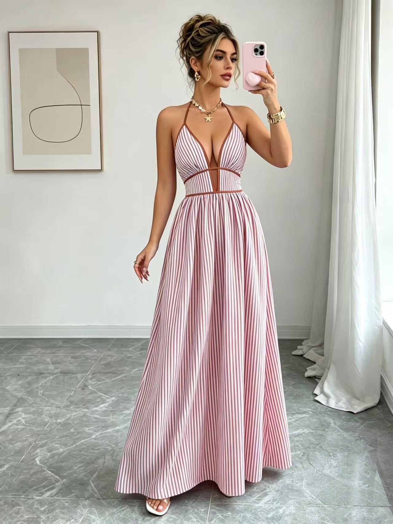 Vestido maxi largo casual sin mangas con cuello halter, cintura ajustada y rayas a juego de colores