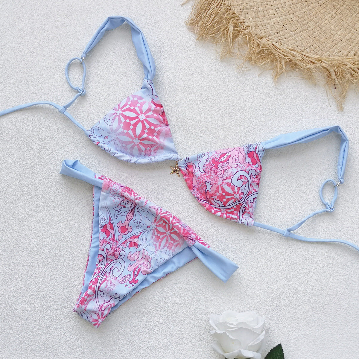 Bikini Floral de Tres Puntas con Cintura Baja y Tirantes, Sexy sin Espalda, Bañador Dividido para Mujer