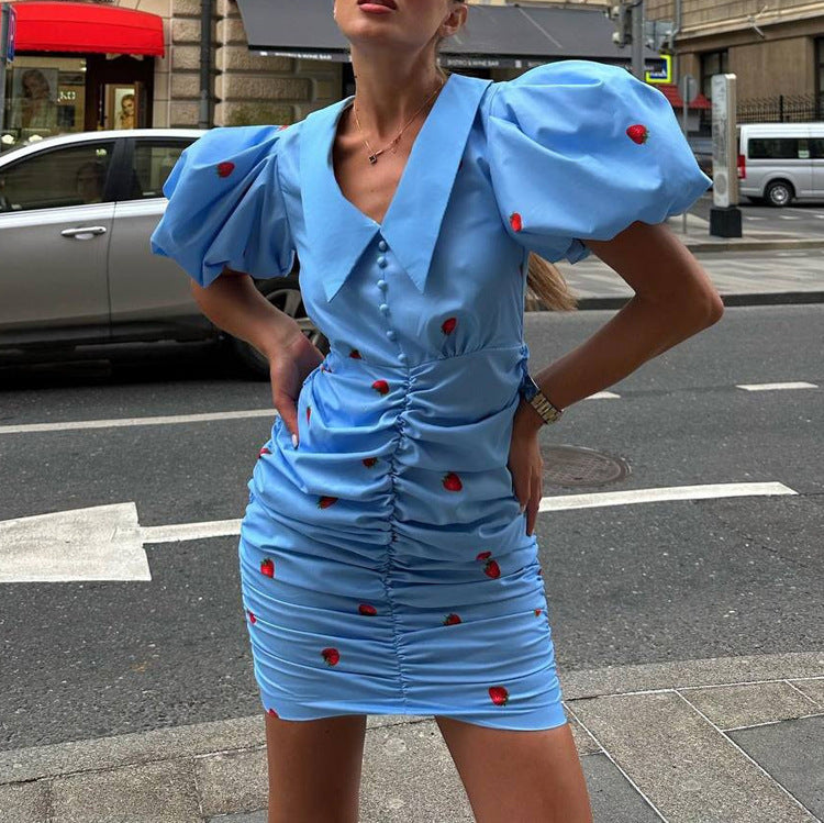 Vestido corto de verano estampado para mujer con cuello, manga abullonada y cadera plisada