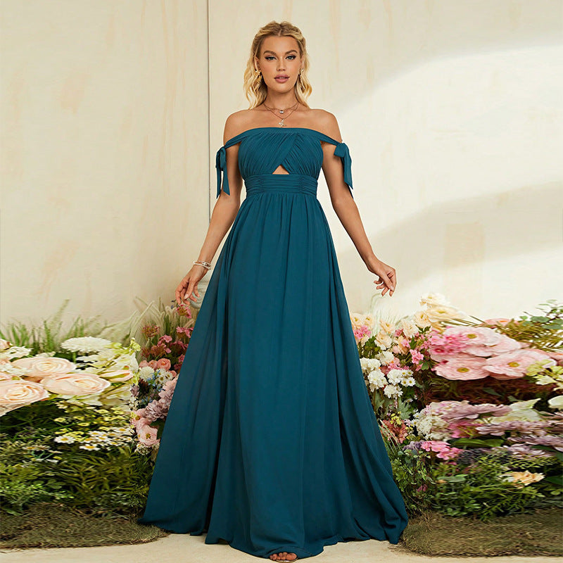 Summer Women Elegant off Shoulder Belt Bow Slimming Evening Dress Niche Bridesmaid Dress
