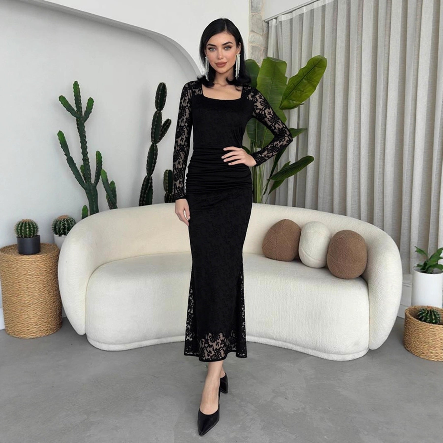 Vestido Largo Plisado Entallado con Cuello Cuadrado y Encaje Elegante de Moda para Mujer Otoño Invierno