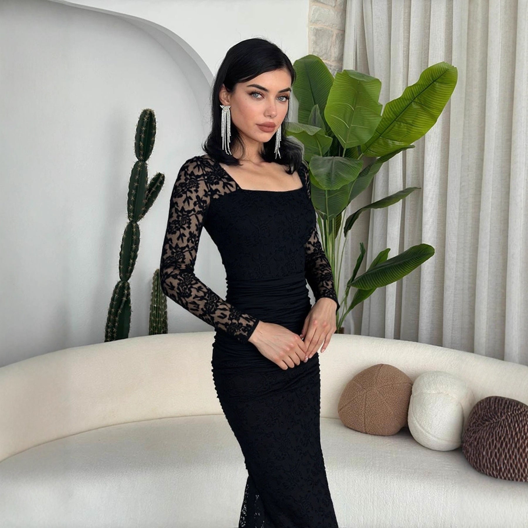 Vestido Largo Plisado Entallado con Cuello Cuadrado y Encaje Elegante de Moda para Mujer Otoño Invierno