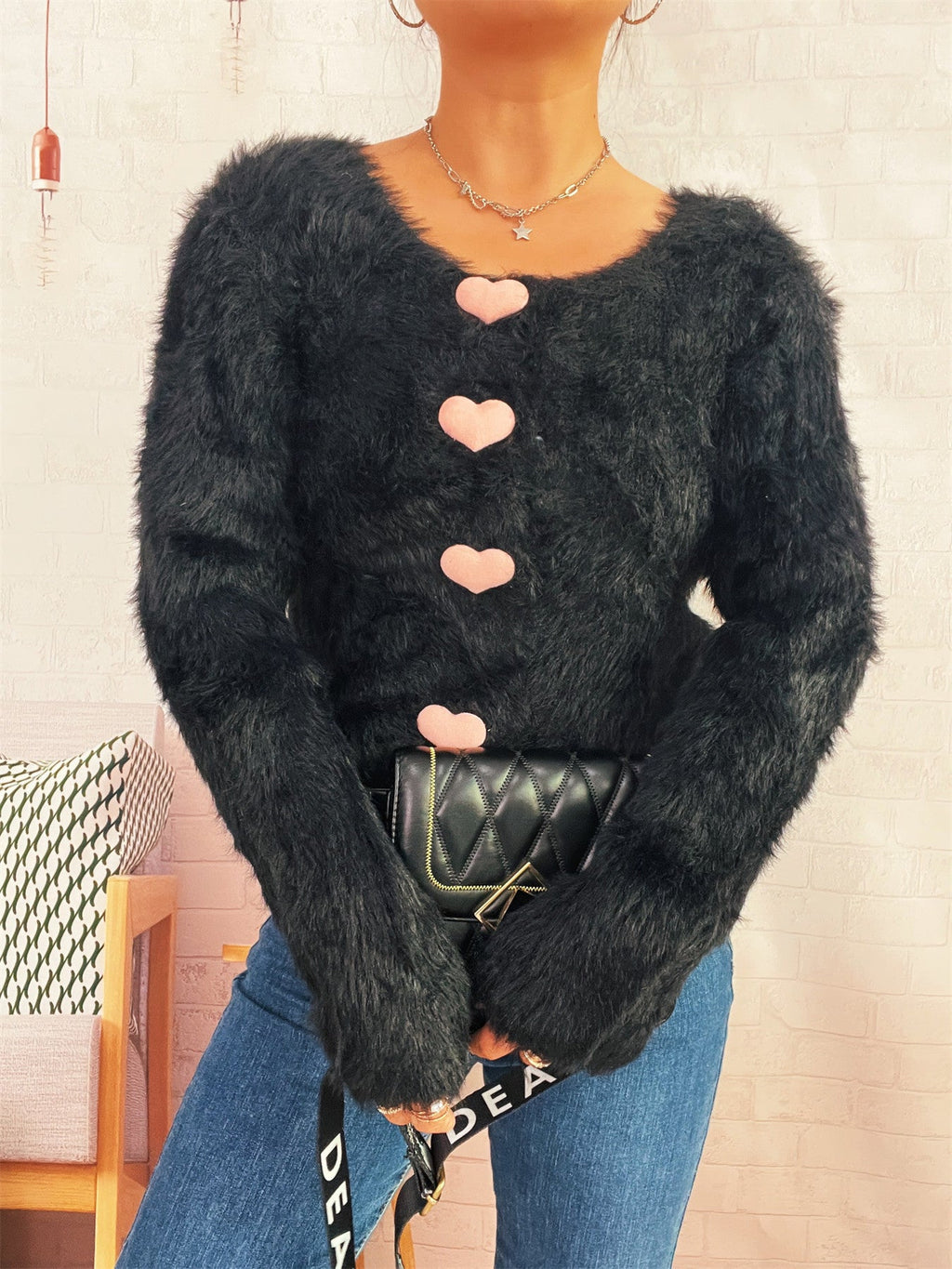 Autumn Winter Office Cute Love Button Solid Color Mink like Knitted Cardigan Sweater