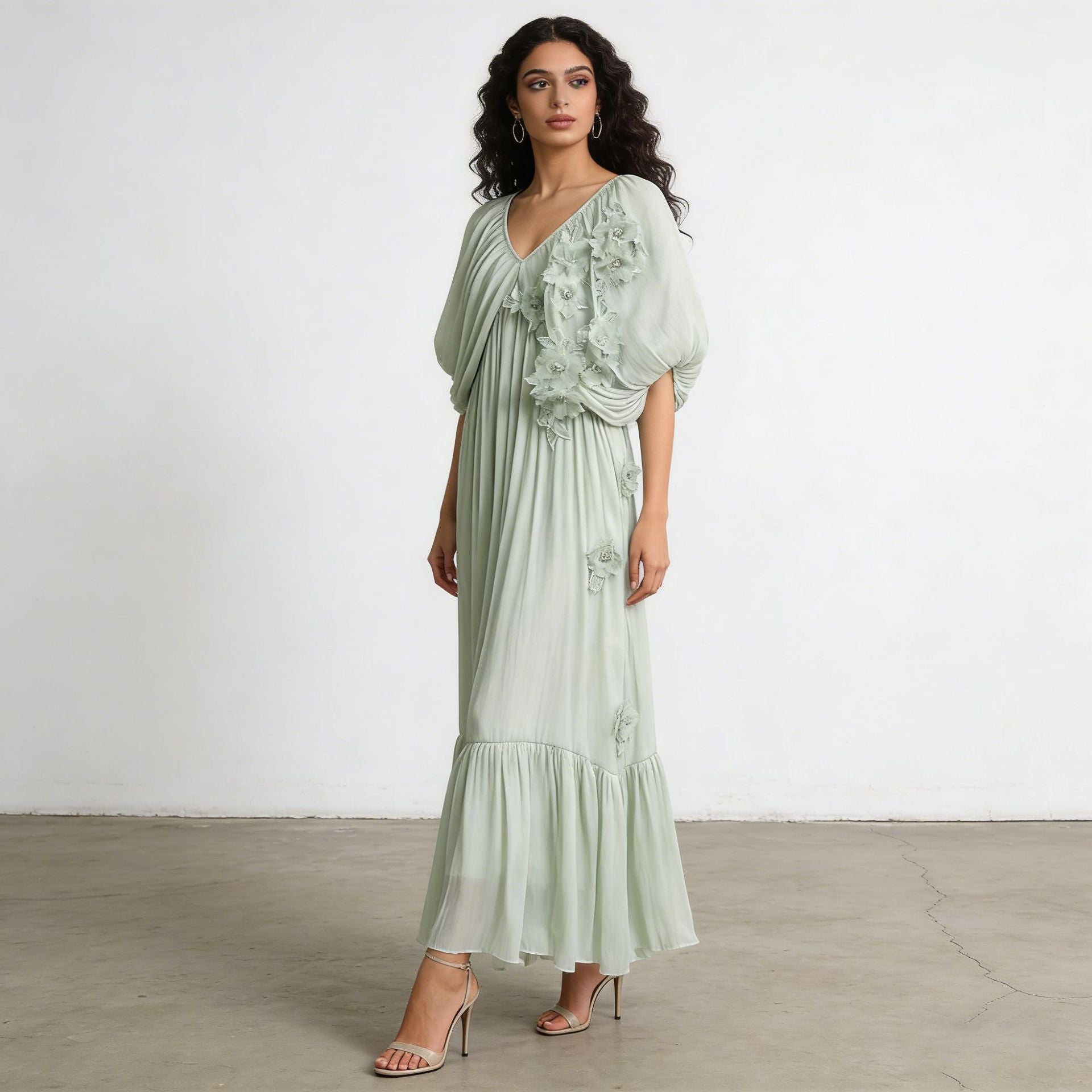Romantic Vacation Maxi Dress Spring V neck Drop Shoulder Batwing Sleeve Stitching Three Dimensional Floral Dress