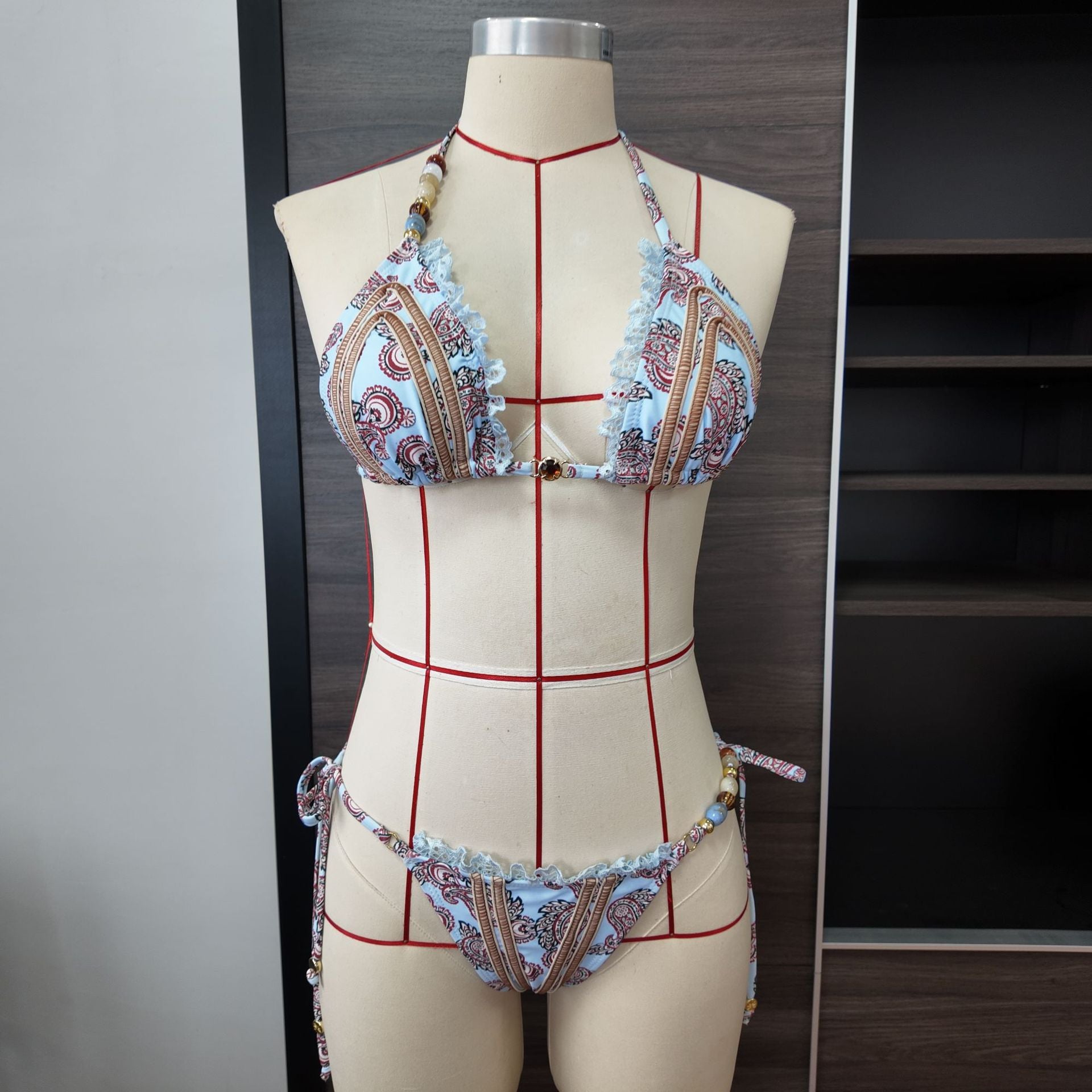 Novedad Traje de Baño de Dos Piezas Estampado para Mujer, Bikini Banded con Encaje y Costuras Sexy