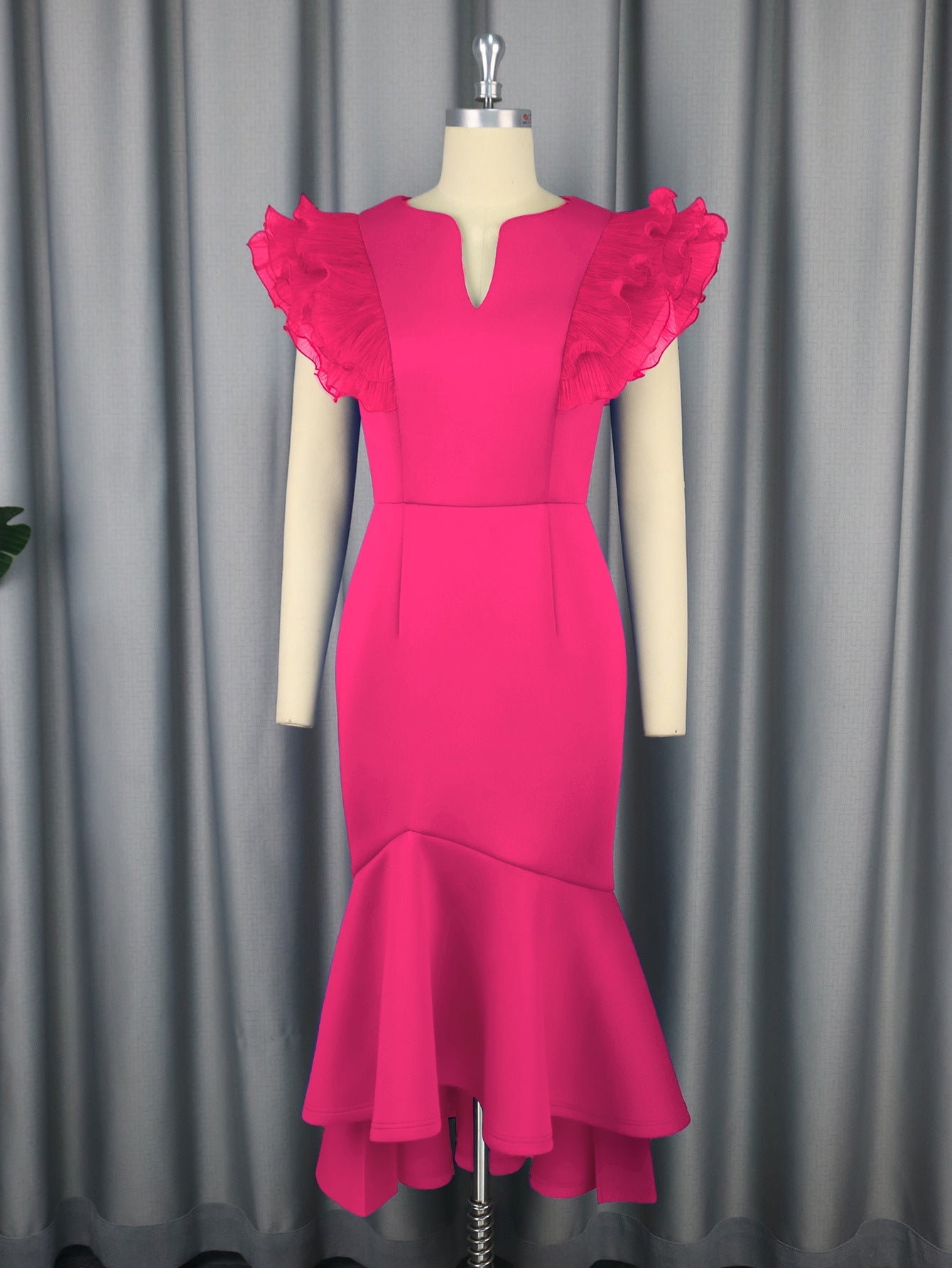 Vestido de cóctel sexy con volantes, pliegues y manga corta, cintura alta, corte sirena
