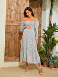 Spring Summer Women Chiffon Dress Fresh Small Floral Dress Bell Sleeve Dress