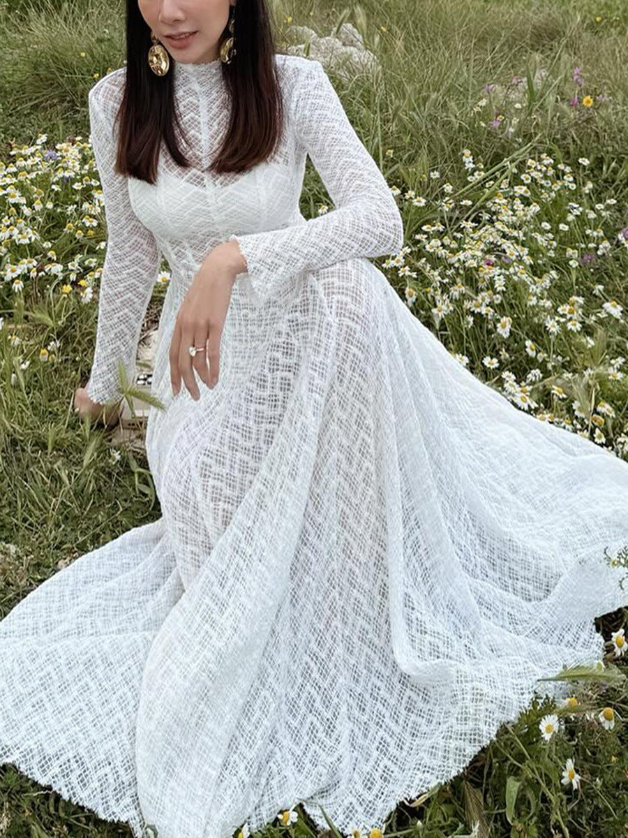 Vestido largo de mujer de encaje hermoso de diseño de nicho, ajustado y con dobladillo ancho, para otoño-invierno