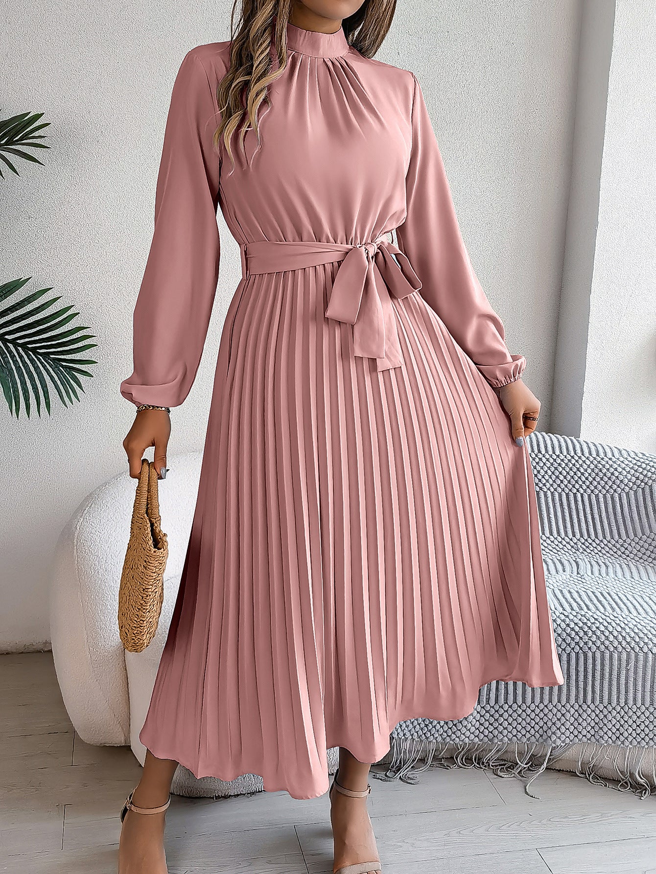 Vestido largo plisado fruncido con cuello alto y manga larga, elegante, otoño-invierno, vestido pequeño, ropa de mujer