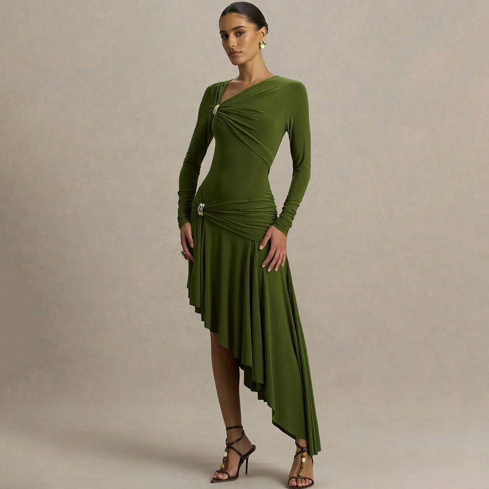 Vestido Maxi Asimétrico Irregular Plisado Sexy para Mujer Elegante a la Moda Otoño Invierno