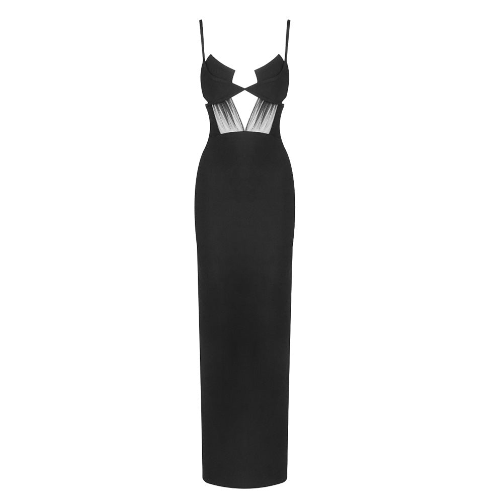 Vestido largo de una pieza de punto negro con vendaje, tirantes finos cruzados para mujer, ajustado para ir al trabajo, citas, cócteles, ajustado.