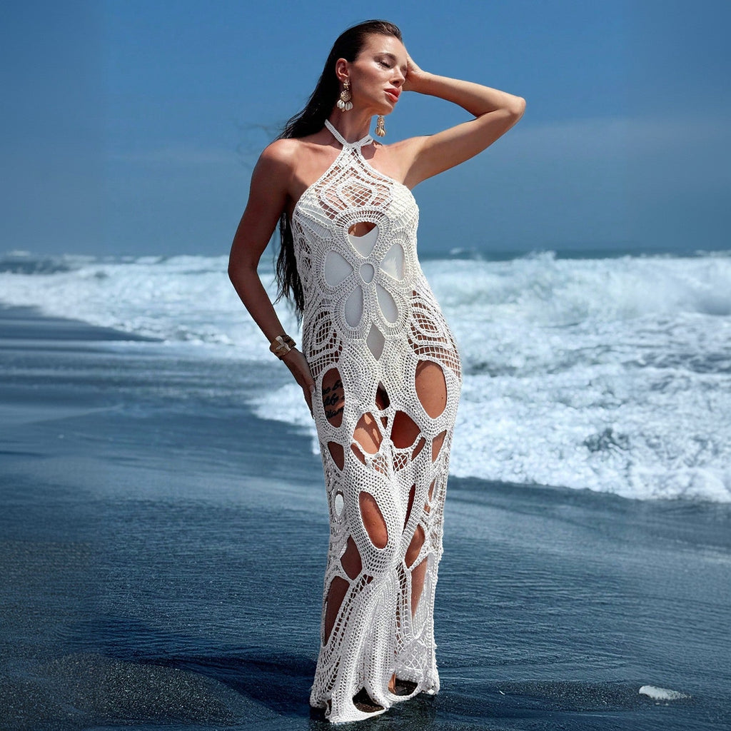 Vestido de playa de mujer sexy de color liso con aberturas y cuello halter para bikini