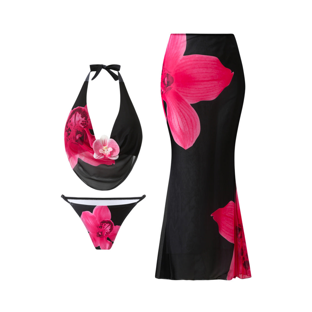 Traje de baño de tres piezas con falda, estampado floral de malla y protección solar para mujer