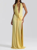 Vestido sexy largo de mujer con escote pronunciado en V, espalda descubierta con cordones y tiras