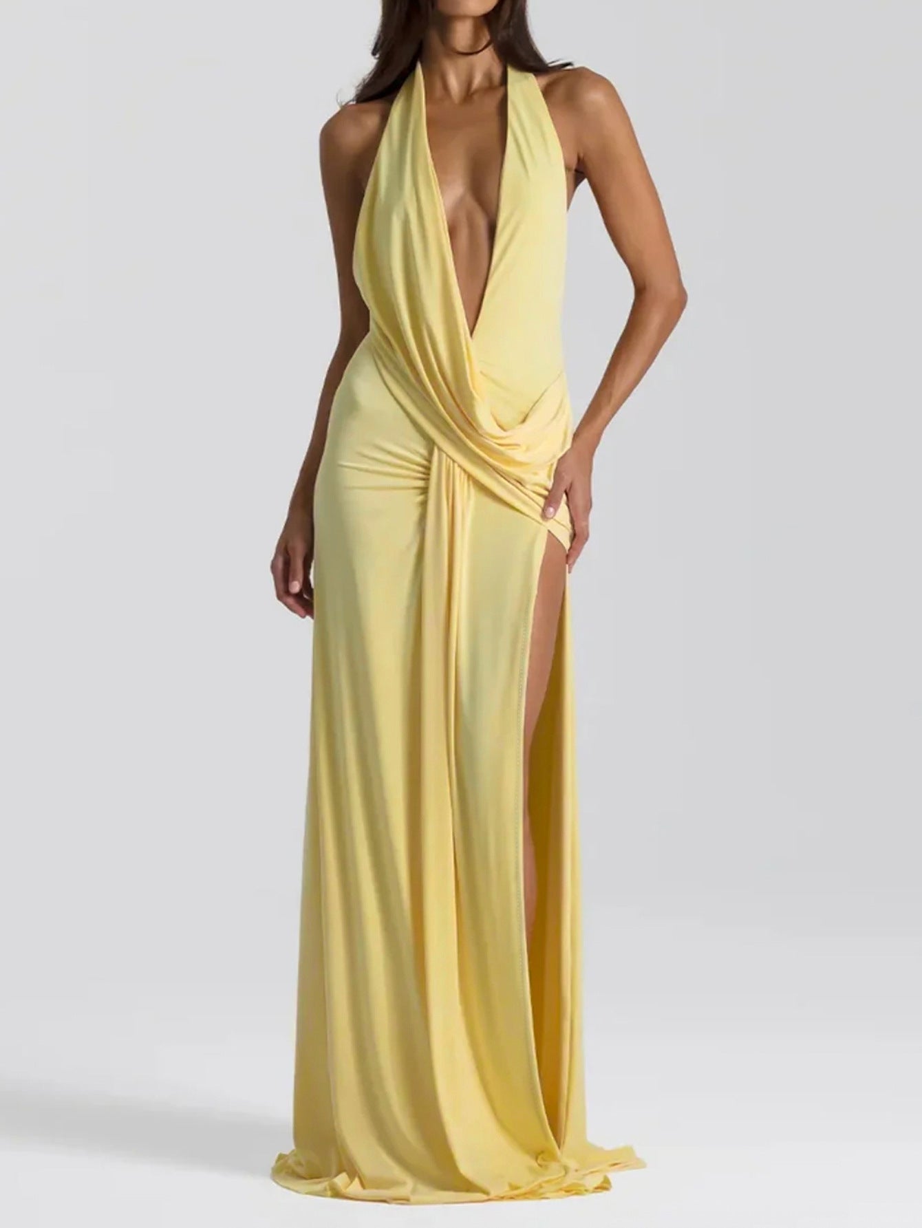 Vestido sexy largo de mujer con escote pronunciado en V, espalda descubierta con cordones y tiras