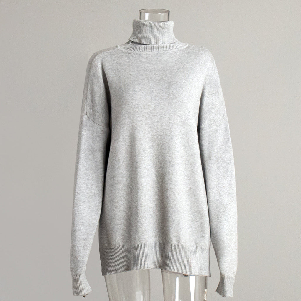 Turtleneck Sweater Women Autumn Winter Casual Sweater Slit Loose Solid Color Knitted Sweater