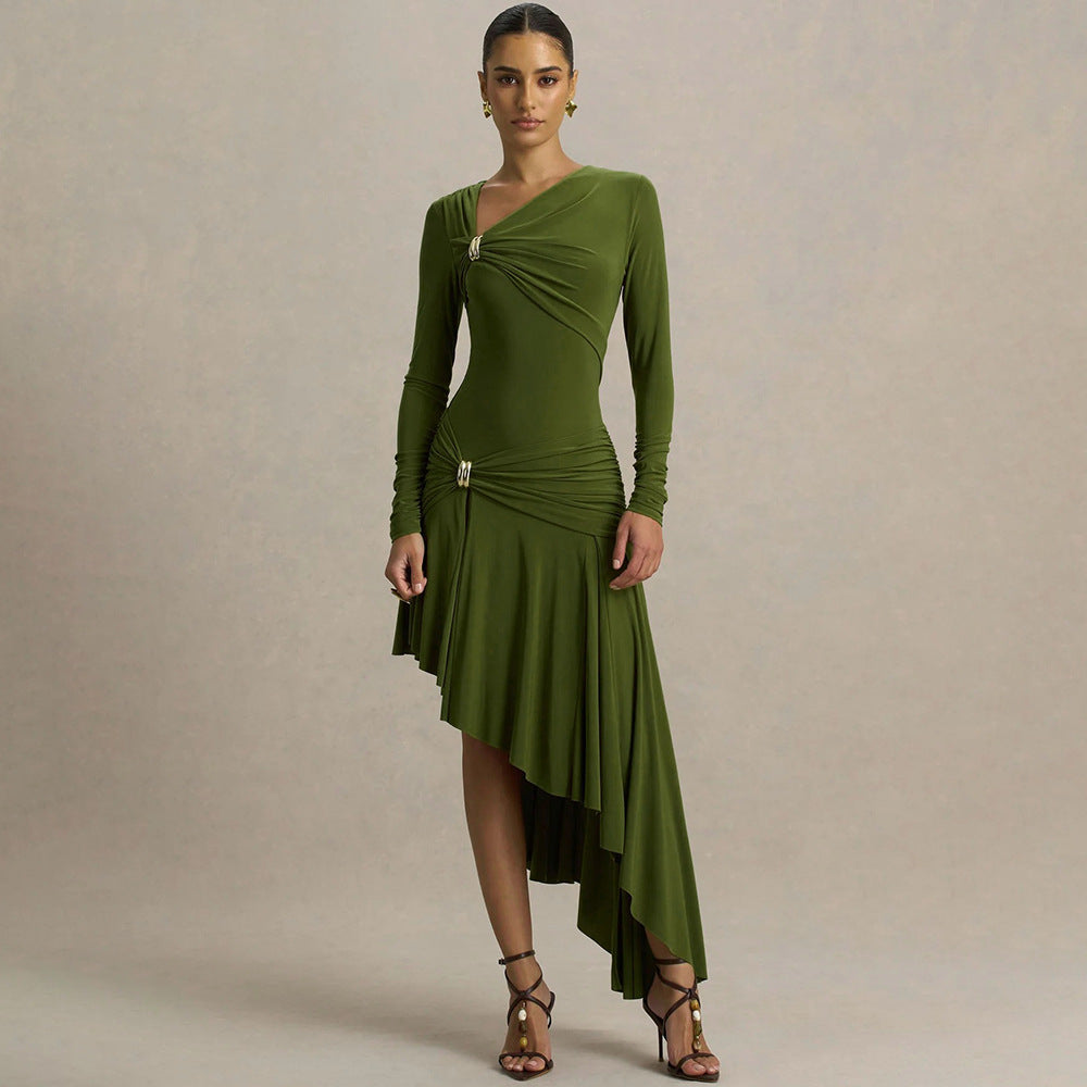 Vestido Maxi Asimétrico Irregular Plisado Sexy para Mujer Elegante a la Moda Otoño Invierno