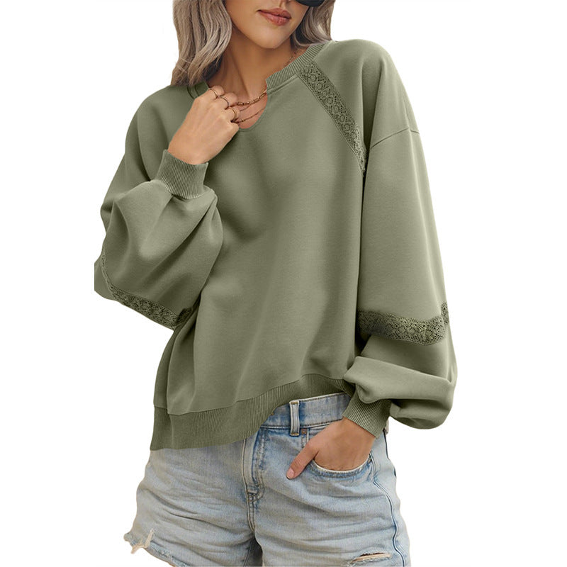Solid Color Half Open Collar Stitching Lace Loose Stylish Long Sleeves Sweater