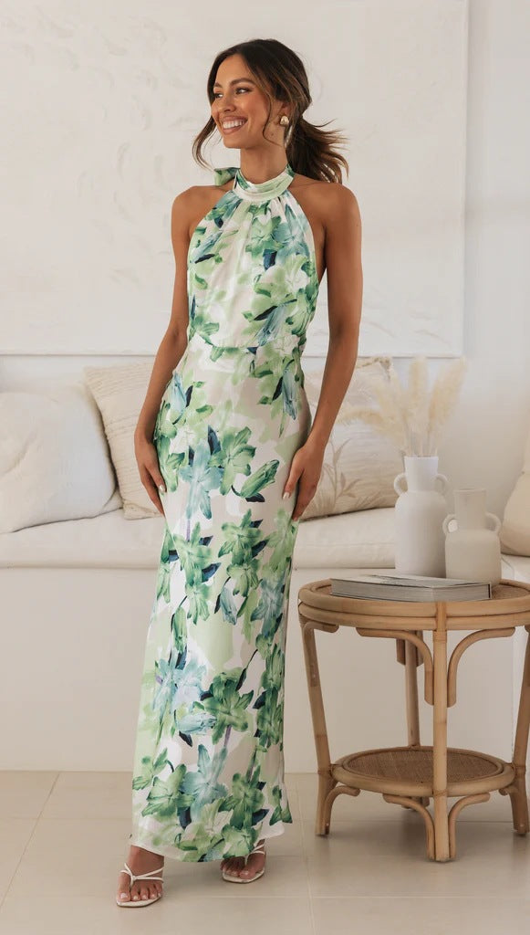 Vestido halter midi dulce con estampado digital floral de primavera-verano