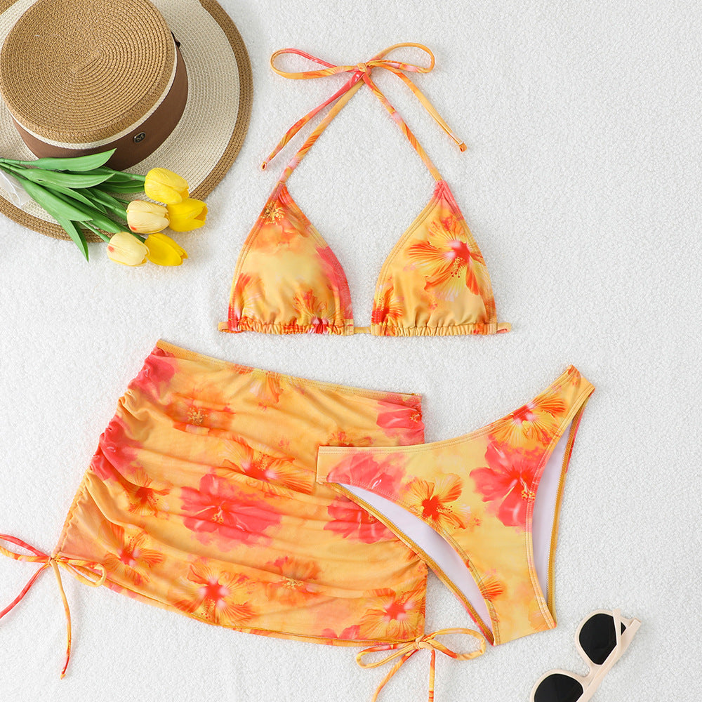 Bikini de malla con cordón, entallado, sexy, estampado, conjunto de bikini de tres piezas, traje de baño
