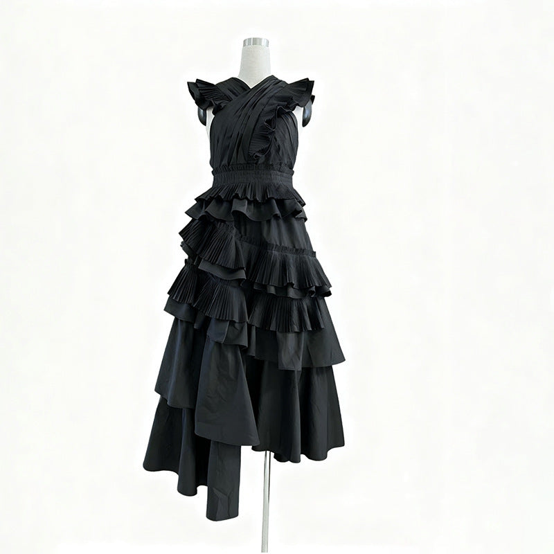 Primavera Elegante Vestido Largo de Madera de Costura de Orejas de Grado Superior Cuello en V Cruzado para Mujer