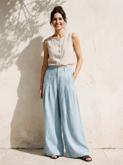 Pantalones VERIDIANA de lino 100% con pliegues esculpidos y espalda elástica, de corte relajado