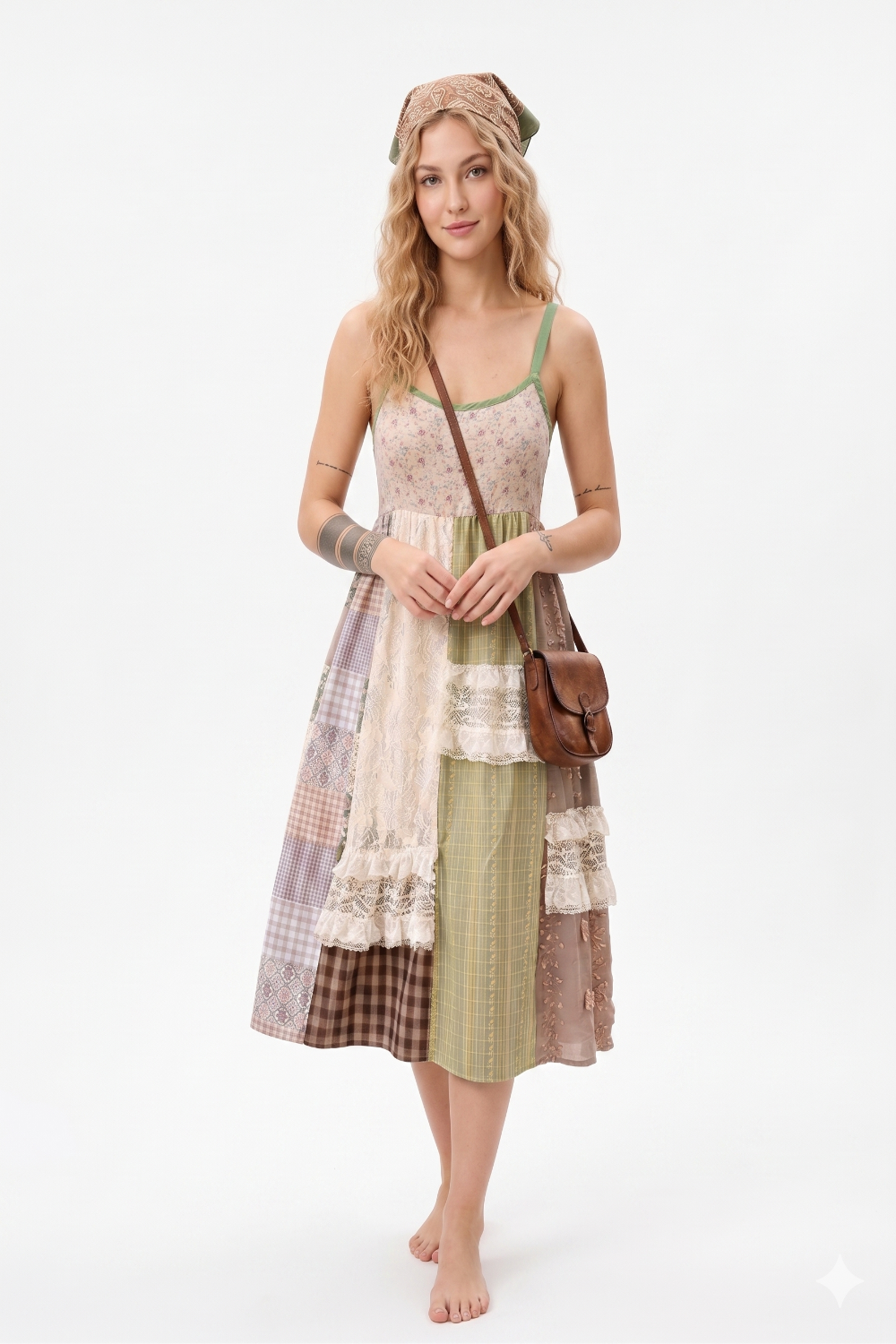 A-Linien-Kleid mit Spitzenborte und Patchwork-Muster