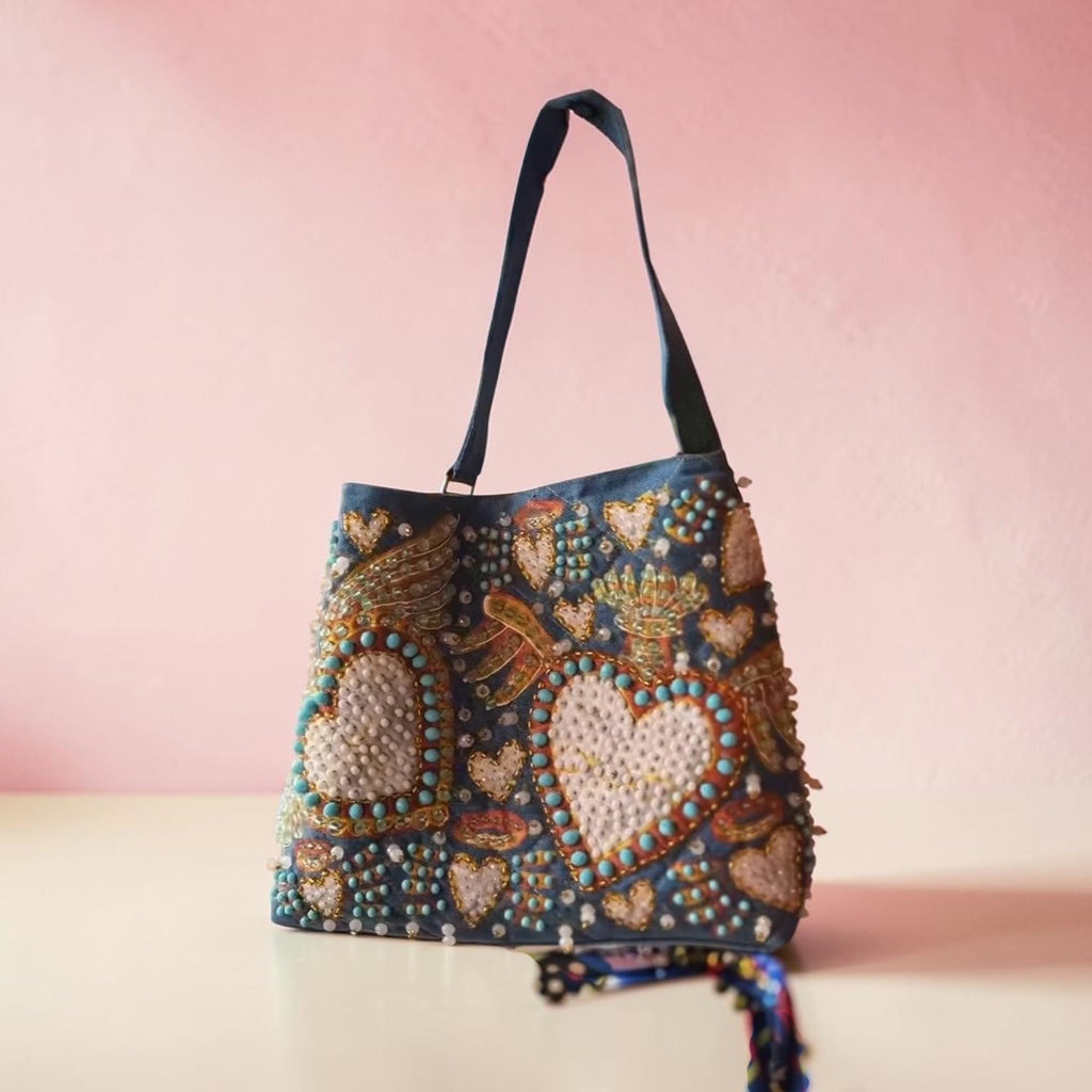 Hand-Painted  & Hand-Embroidered Denim Tote Bag - Piece of Art