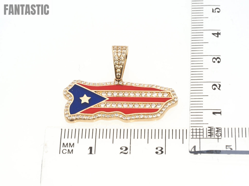 Colgante de mapa y bandera de Puerto Rico | Oro de 14K con circonita cúbica