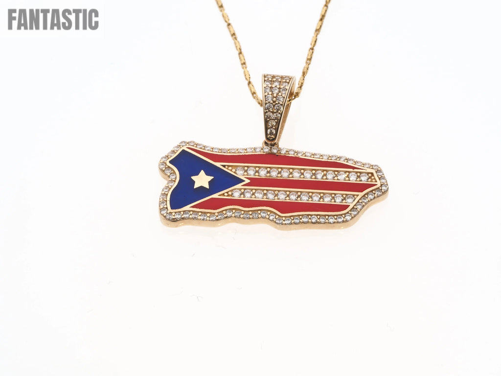 Colgante de mapa y bandera de Puerto Rico | Oro de 14K con circonita cúbica
