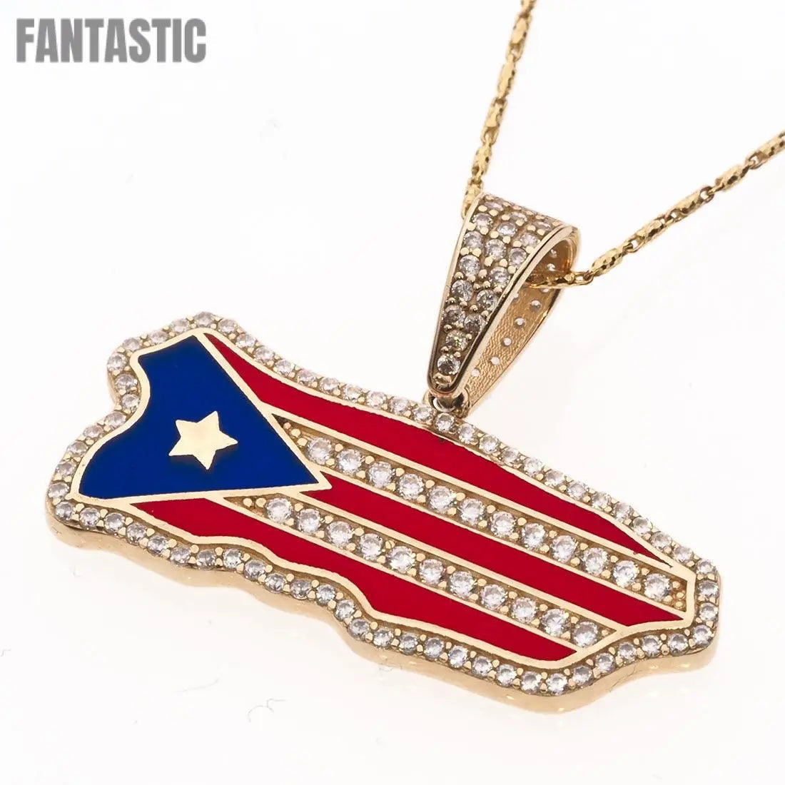 Colgante de mapa y bandera de Puerto Rico | Oro de 14K con circonita cúbica