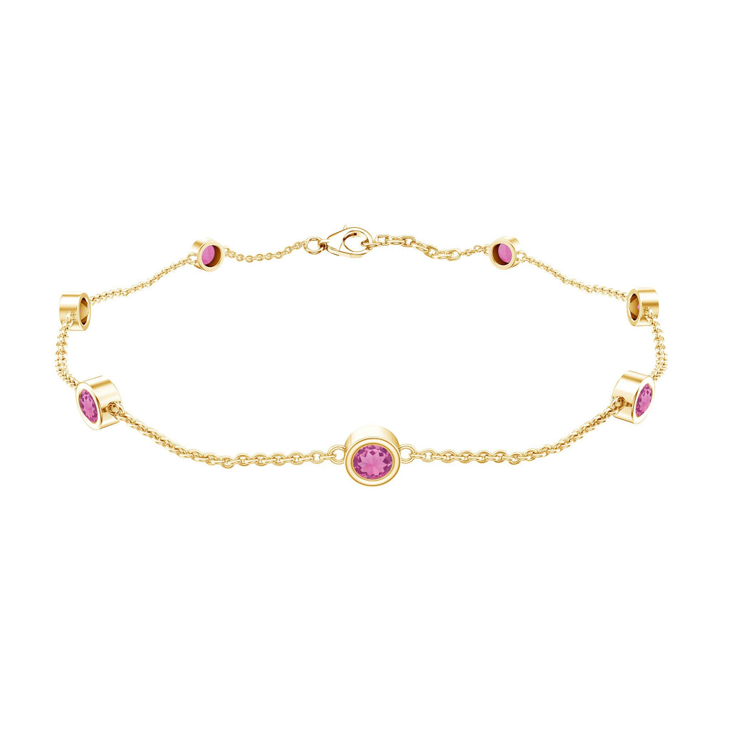 Real Pink Tourmaline Station Chain Bracelet for Women