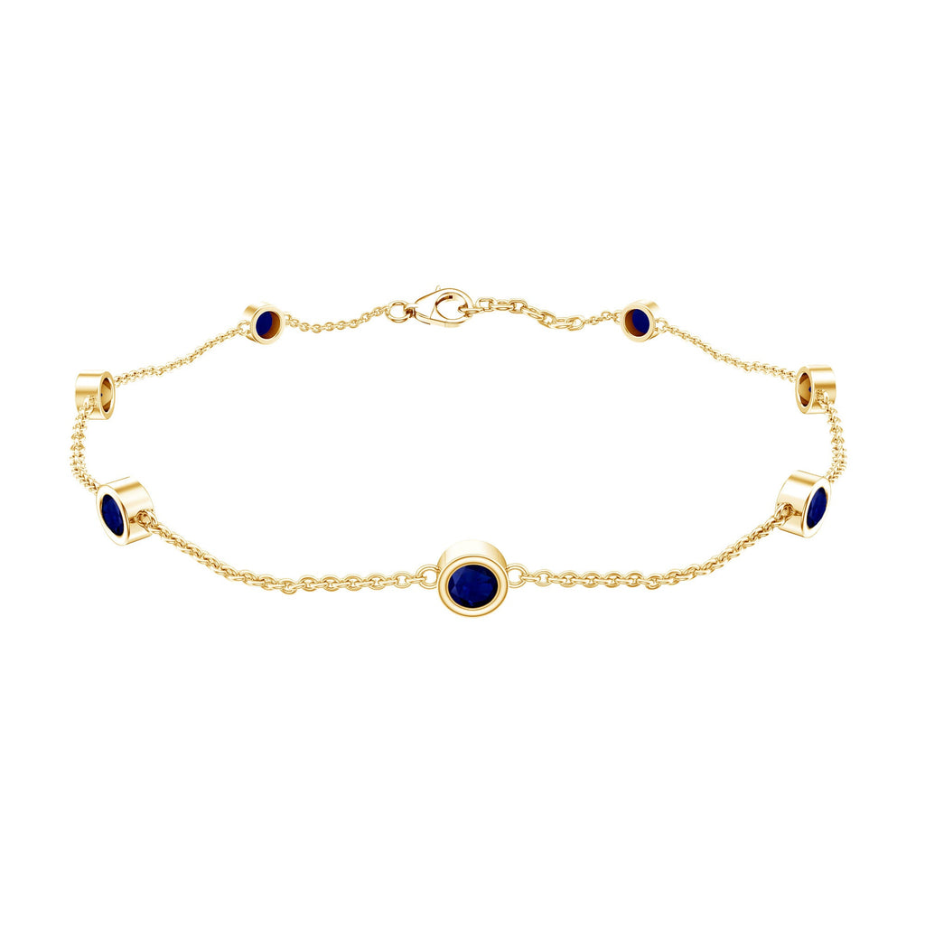 Natural Blue Sapphire 7 Stone Station Chain Bracelet