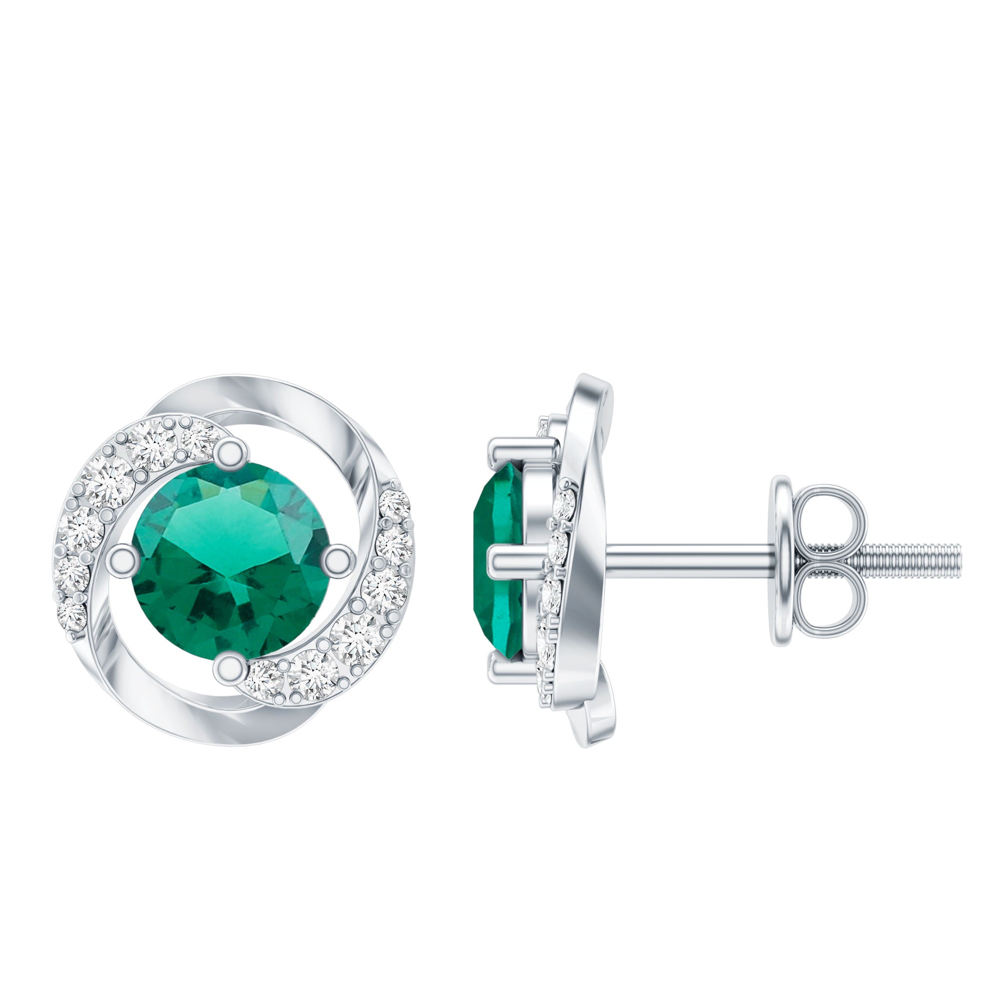 Certified 1 Carat Lab Grown Emerald Swirl Stud Earrings with Moissanite