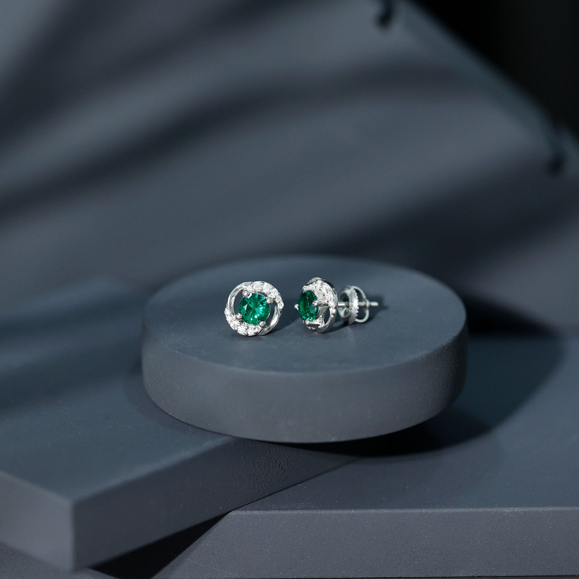 Certified 1 Carat Lab Grown Emerald Swirl Stud Earrings with Moissanite
