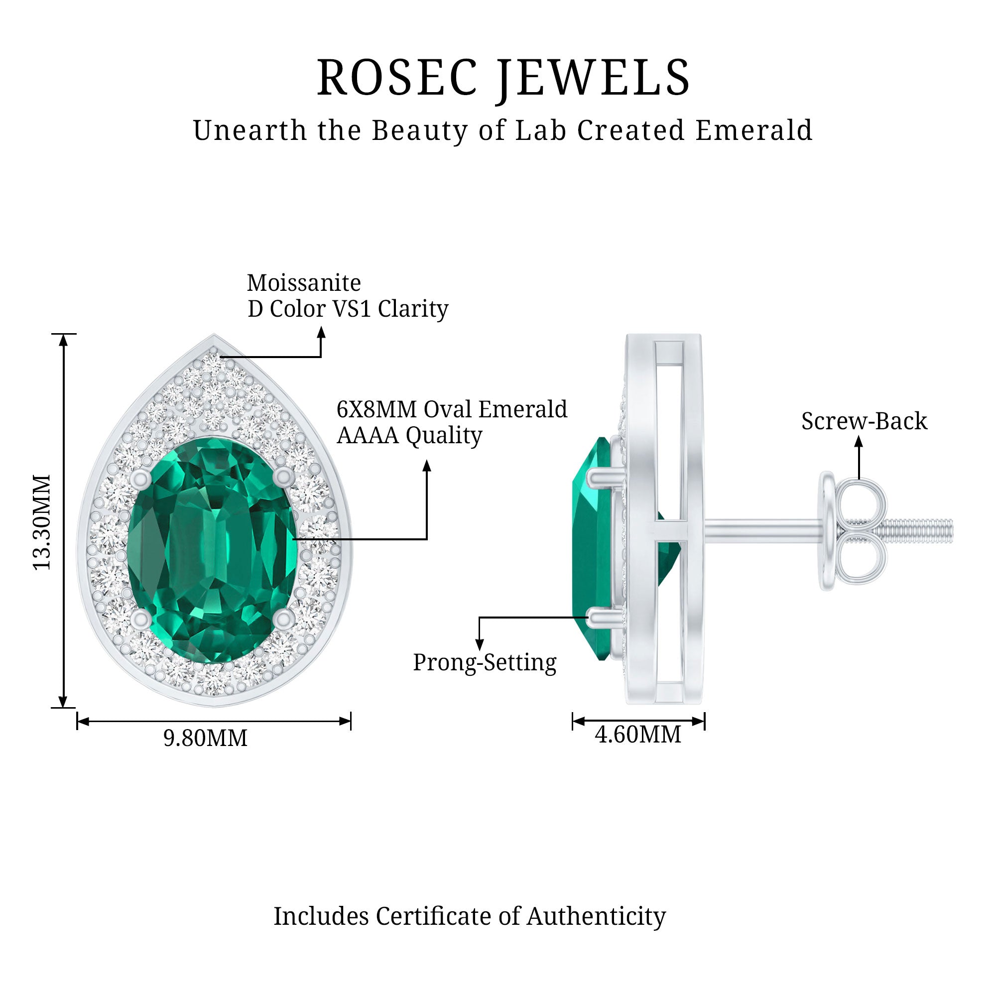 2.5 Carat Lab Grown Emerald Teardrop Stud Earrings with Moissanite Halo