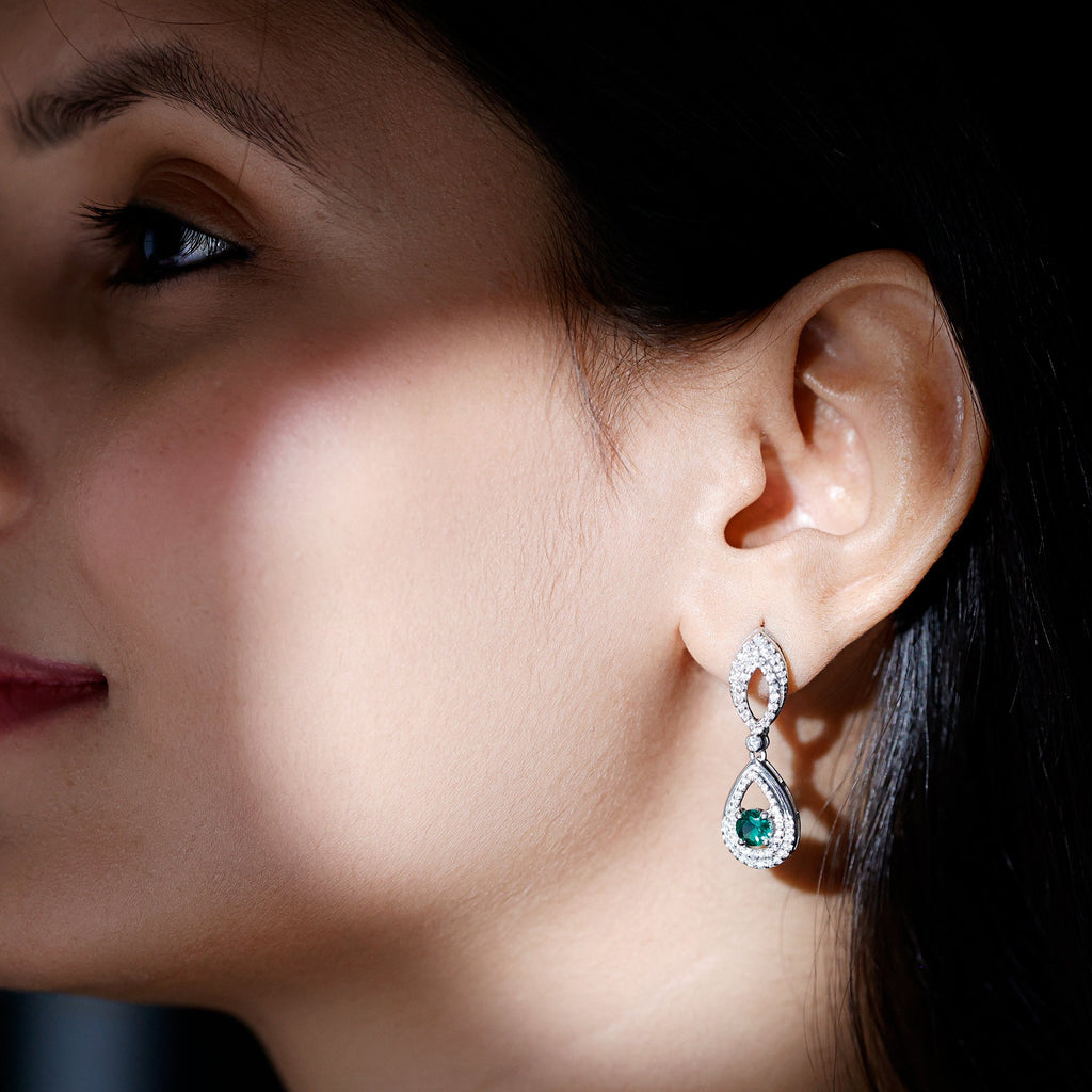 Sterling Silver 1.6 Carat Lab Grown Emerald Teardrop Earrings for Women