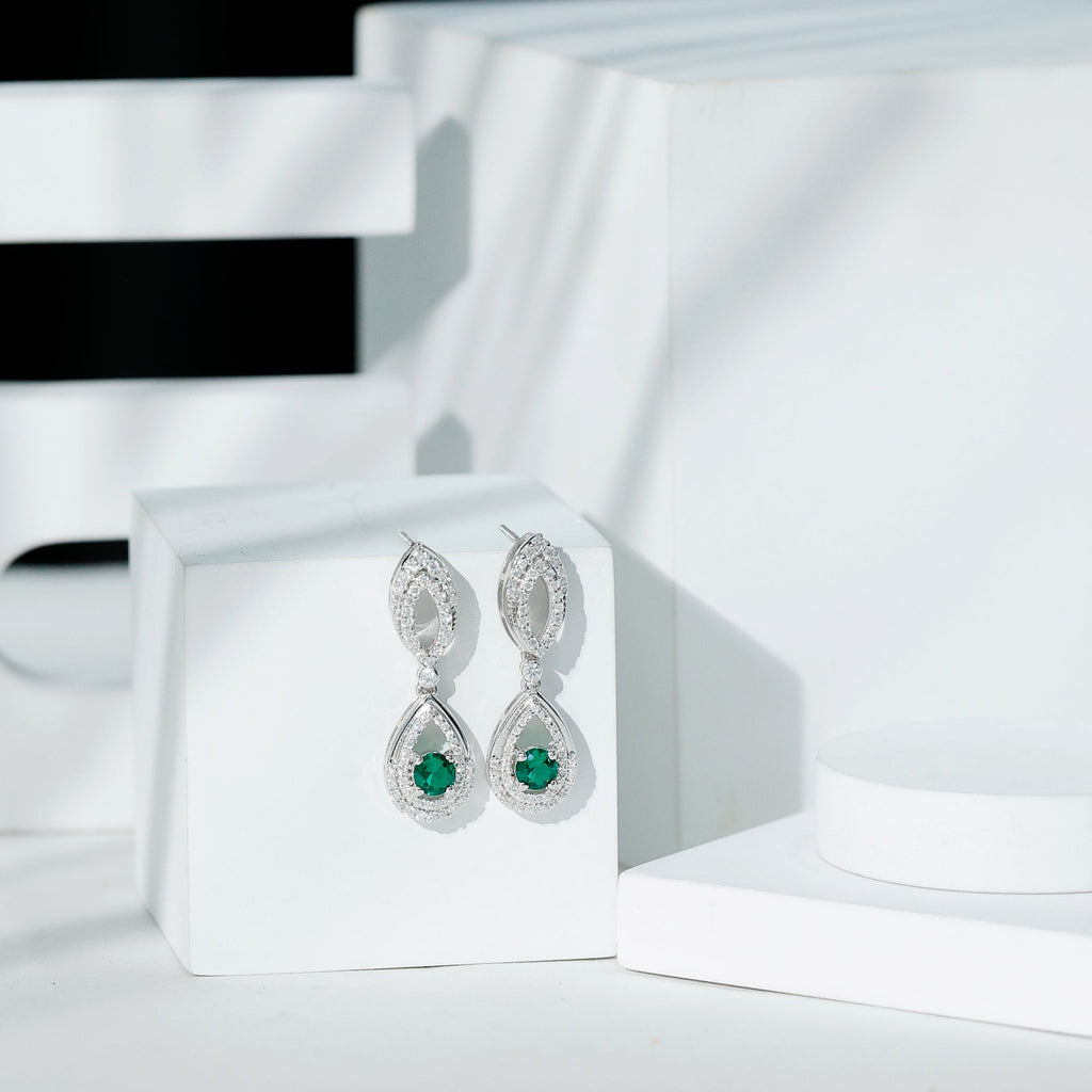 Sterling Silver 1.6 Carat Lab Grown Emerald Teardrop Earrings for Women